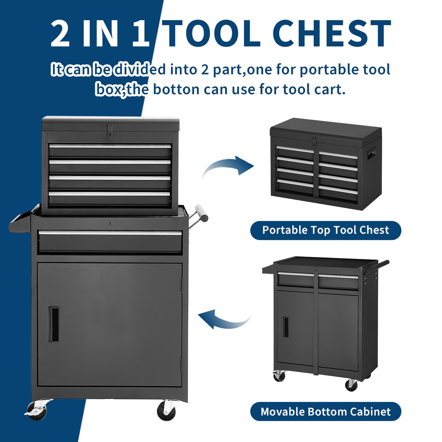 Metal Tool Chest,2 in 1 Steel Rolling Tool Box & Cabinet On Wheels for Garage,Detachable Top Tool Box and Lockable Wheels Metal Tool Cart for Garage,5-Drawer