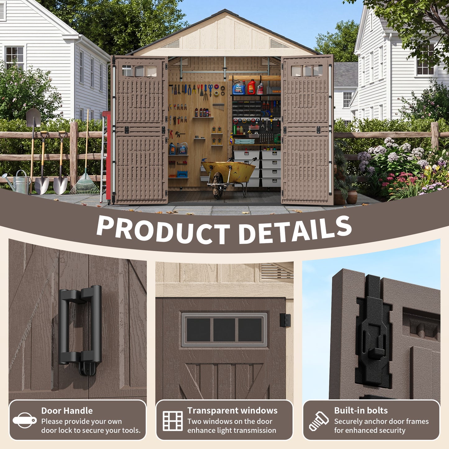 NETAJE 8x12 ft Resin Storage Shed, Outdoor Plastic Tool Shed with Floor, Lockable Door, Window and Vents for Patio, Backyard, Beige & Brown