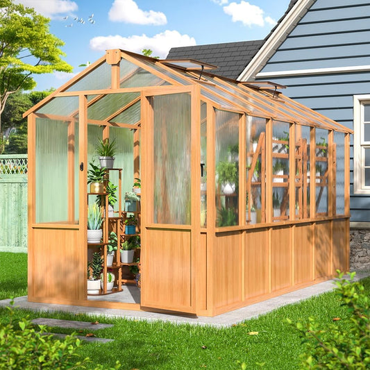 NETAJE 6'x12' Outdoor Wooden Greenhouse, Heavy Duty Walk-in Green House with Ventilated Window and Lockable Door for Backyard, Patio