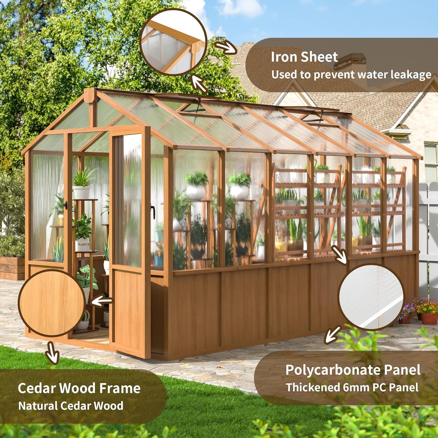 NETAJE 6'x12' Outdoor Wooden Greenhouse, Heavy Duty Walk-in Green House with Ventilated Window and Lockable Door for Backyard, Patio