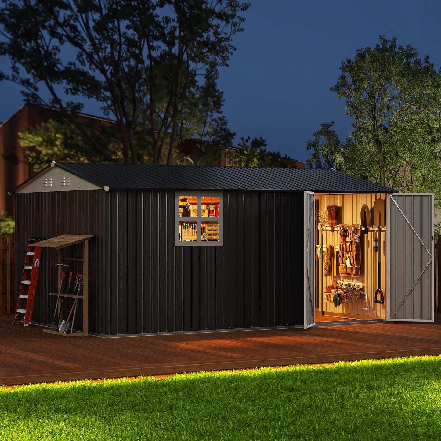 10'x14' Outdoor Metal Storage Garden Shed with Window, Lockable Doors and Air Vent for Backyard, Garden, Lawn, Dark Gray