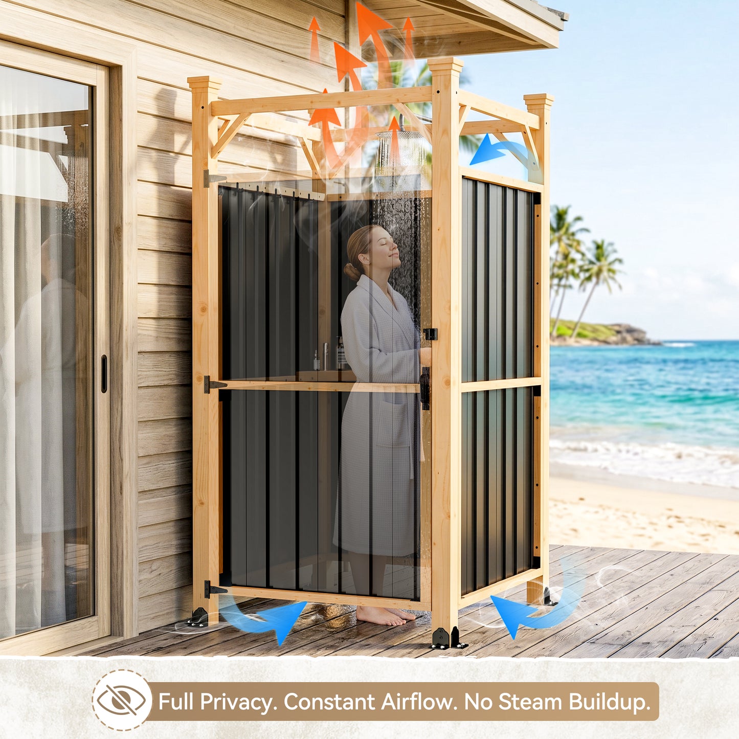 NETAJE Freestanding Outdoor Shower Enclosure,Wood Privacy Shower Stall with Metal Panels and Lockable Door,Waterproof Backyard Shower Room for Poolside, Patio & Beach House