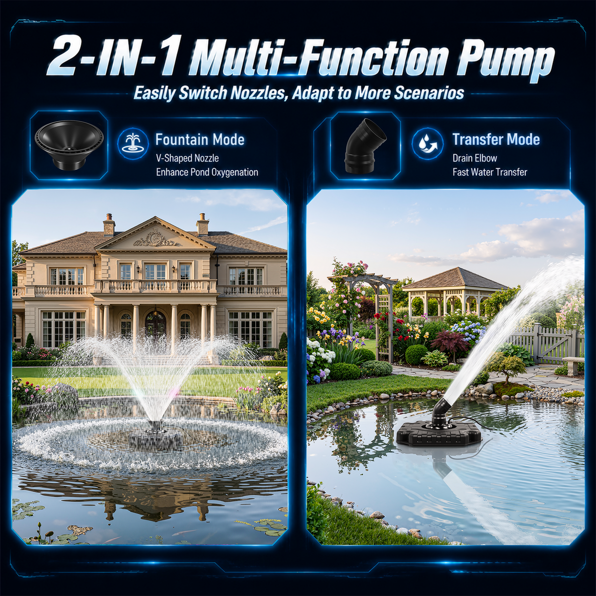 Pond Fountain Aerator with Remote Control & Timer and 100 Ft Power Cord,Outdoor Water Fountain Pump for Ponds & Lakes,1HP 110V 750W 15000 GPH，Black
