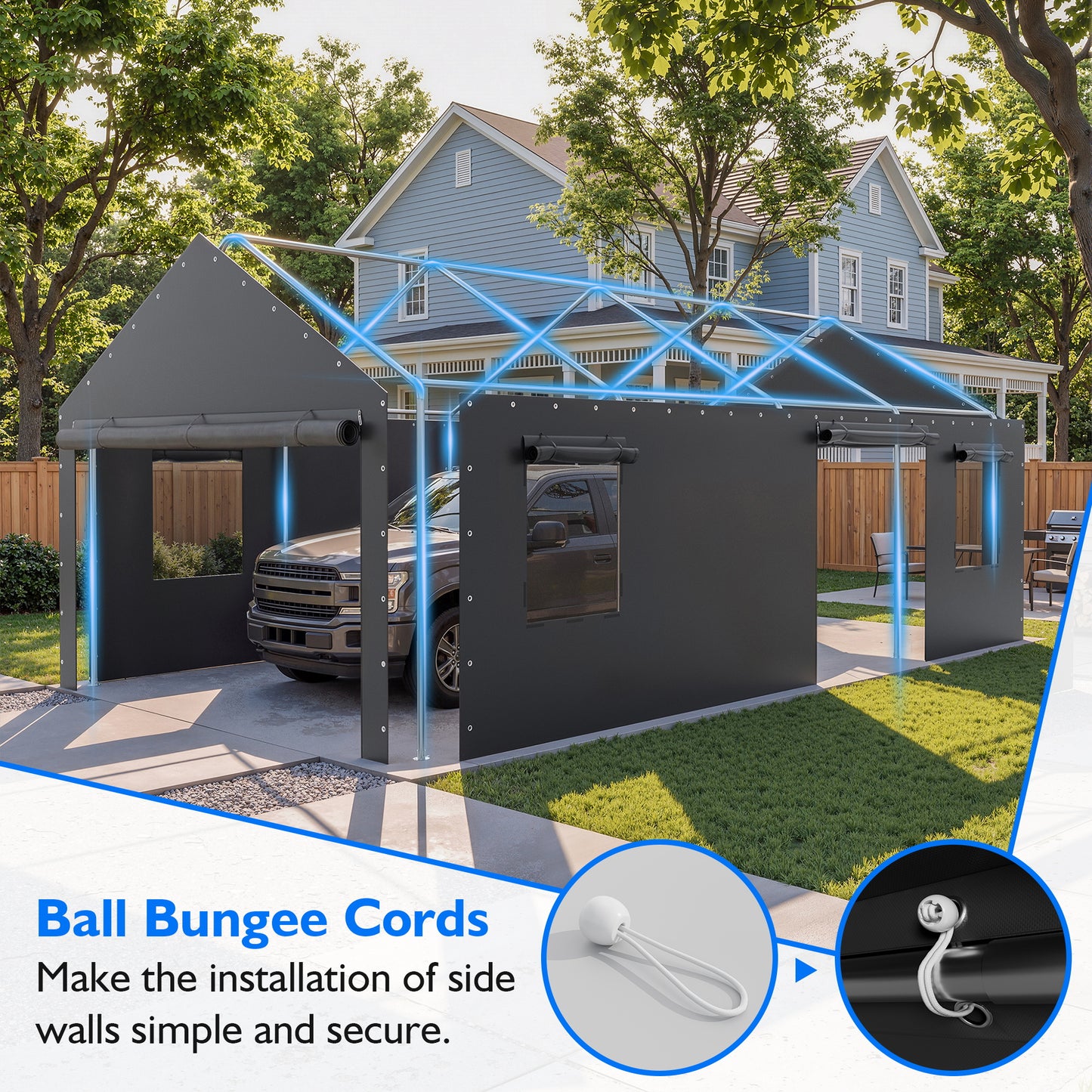 NETAJE 13'x25' Heavy Duty Portable Outdoor Garage Carport with Side-Opening Door, Roll-up Windows, Four-Hole Base for Car, Black