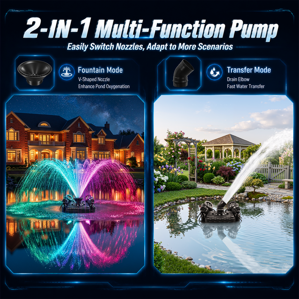 NETAJE Pond Fountain Aerator with 4 Color Changing LED Lights & Remote, Outdoor Water Fountain Pump for Ponds & Lakes,1HP 110V 750W 15000 GPH，Black