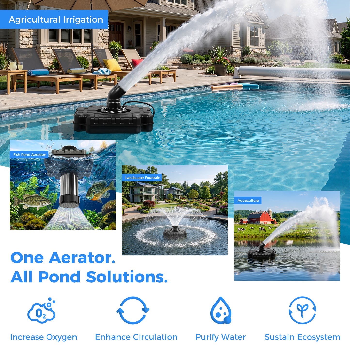 Floating Pond Fountain Aerator Pump for Outdoor Ponds and Pools with Optional LED Lights