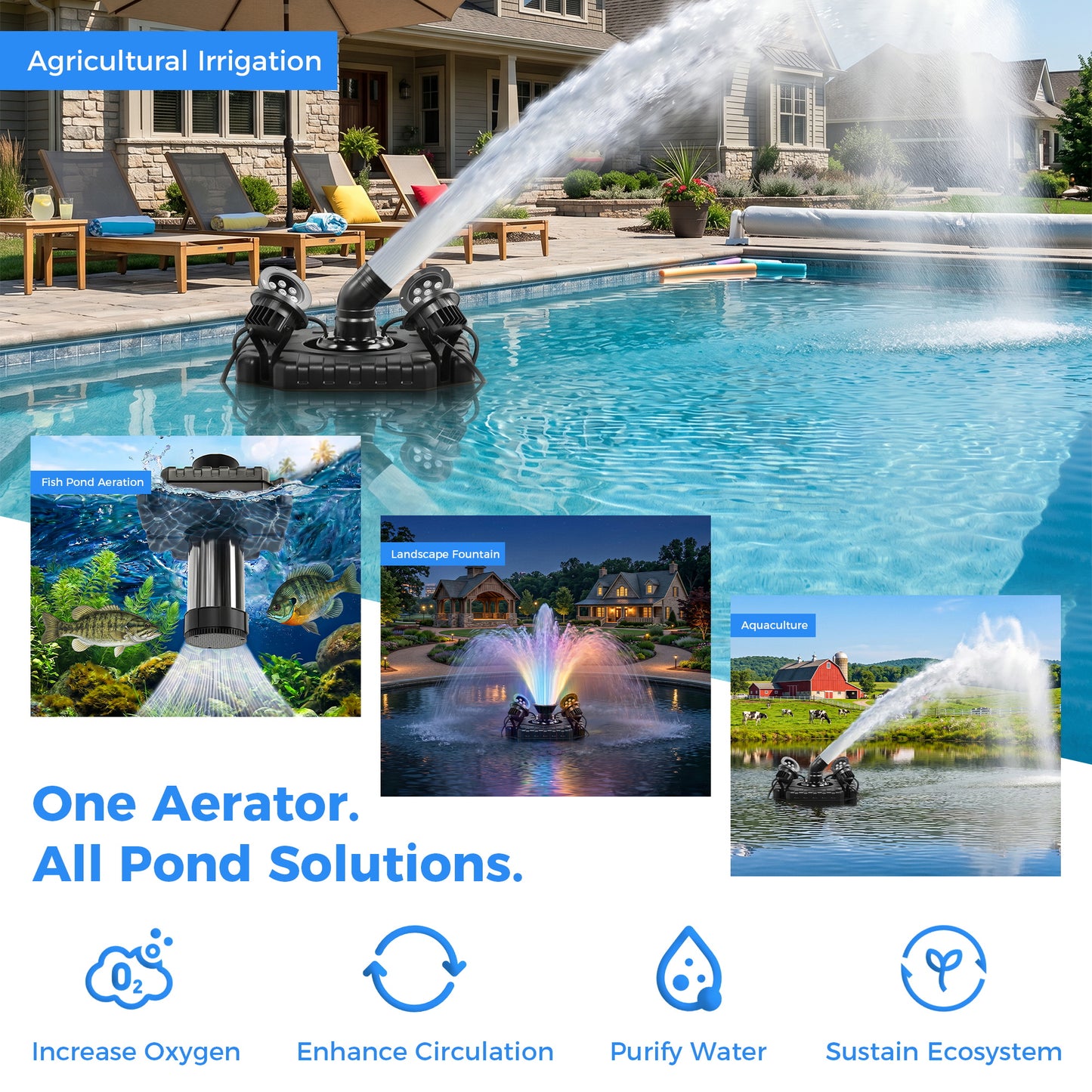 Floating Pond Fountain Aerator Pump for Outdoor Ponds and Pools with 4 LED Lights