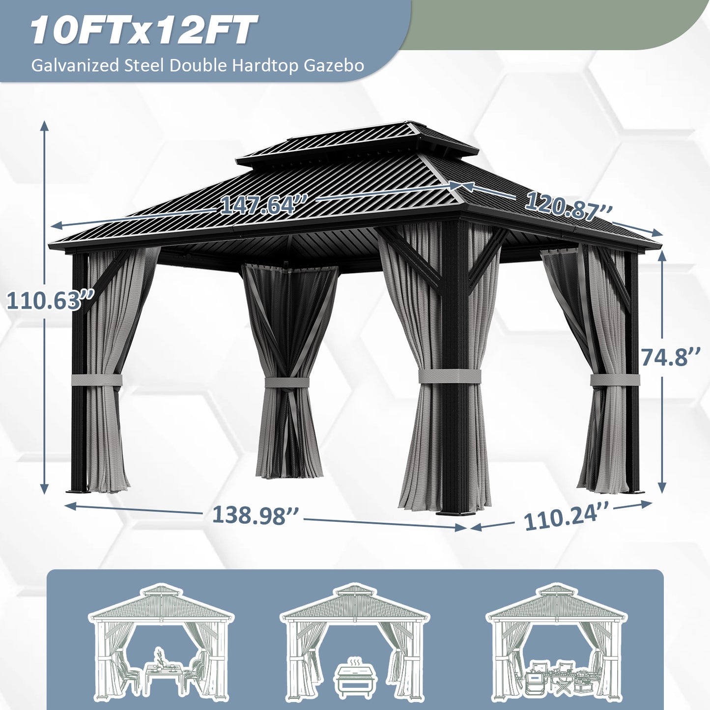 NETAJE 10'x12' Heavy Duty Hardtop Gazebo, Aluminum Frame & Galvanized Steel Double Roof Patio Pergola with Mosquito Netting and Curtains for Backyard, Garden