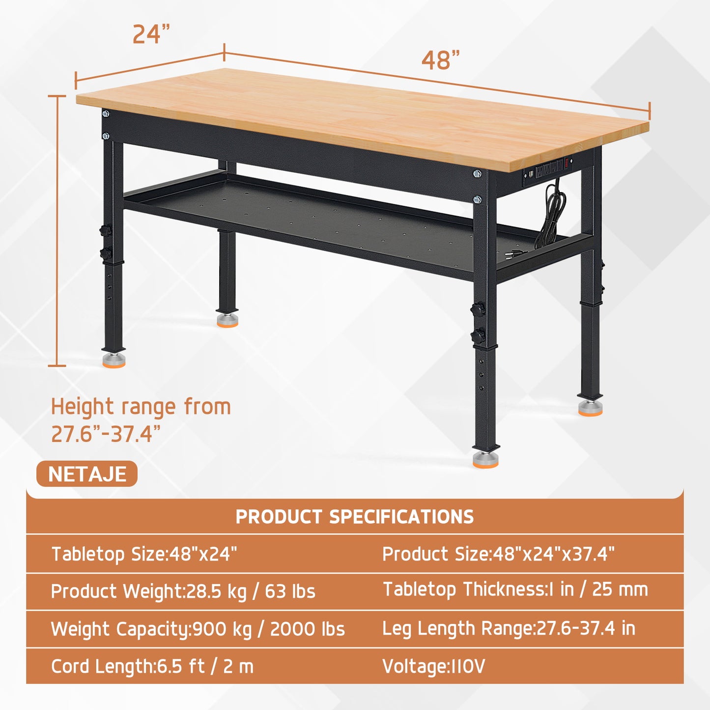 48" Heavy-Duty Workbench Adjustable Work Bench Work Table 2000 LB Load Capacity w/Hardwood Top, Foot Pads, Partition and Power Outlets for Garage, Workshop, Office, Home, Workstation
