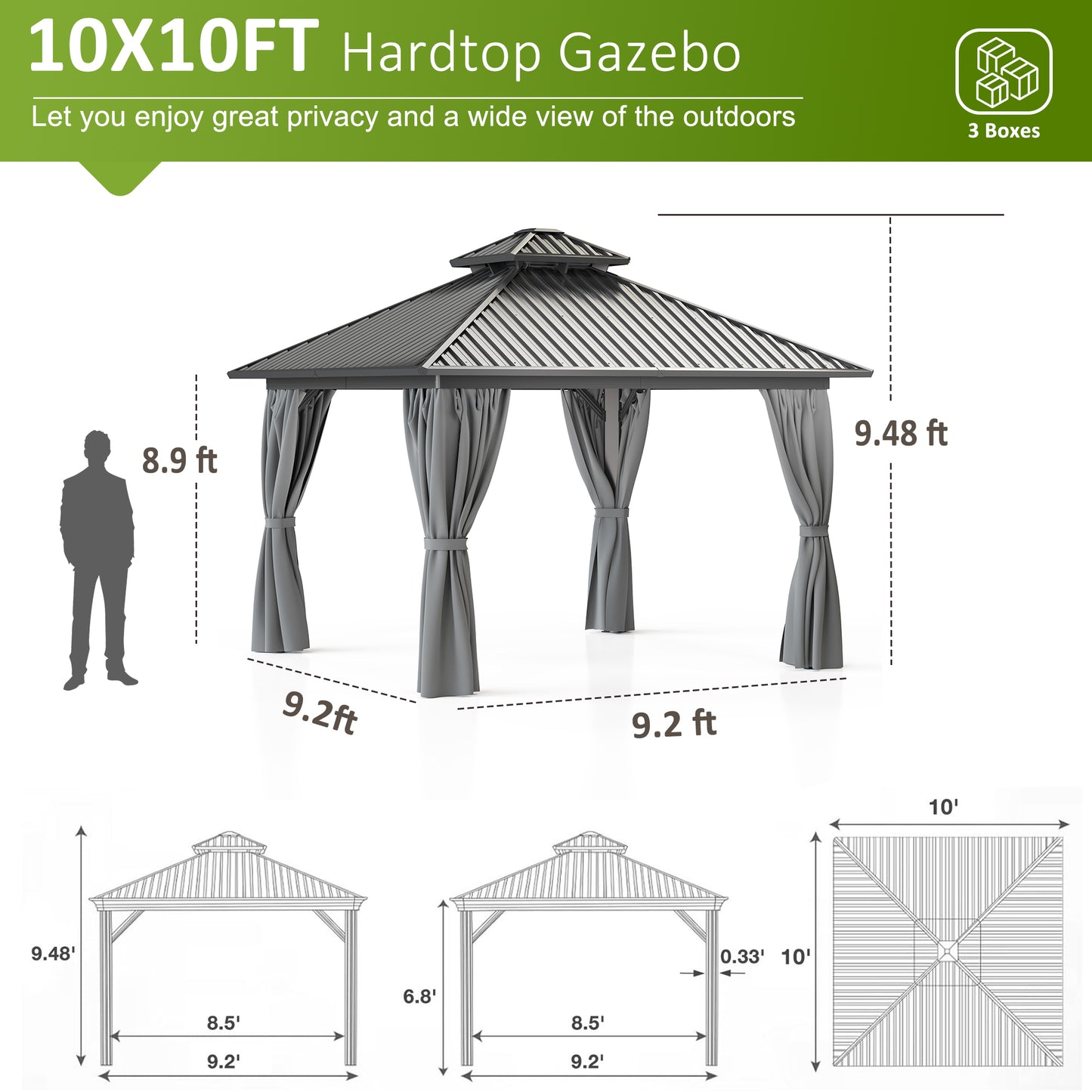 10x10 FT Hardtop Gazebo, Heavy Duty Gazebo with Aluminum Frame and Galvanized Steel Double Roof for Garden, Patio, Lawns, Grey