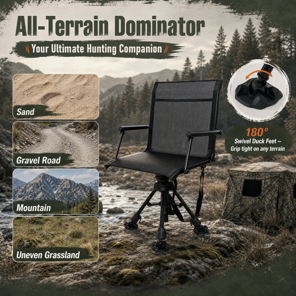 NETAJE 360°Swivel Hunting Blind Chair with Adjustable Legs, Folding Portable Hunting Chair with Cup Holder for Deer Hunting Fishing Camping Ground Blinds