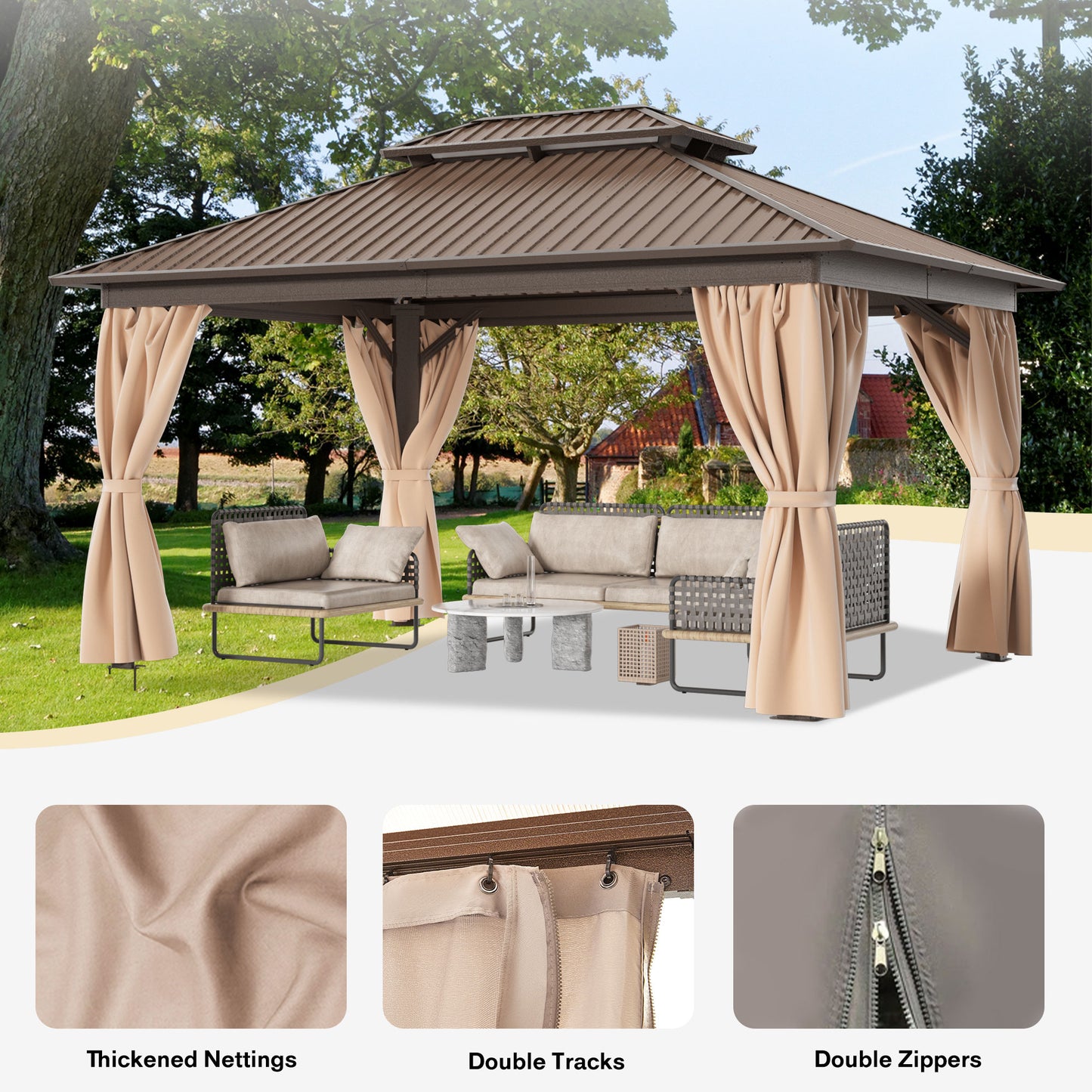 10x14 FT Hardtop Gazebo, Heavy Duty Gazebo with Aluminum Frame and Galvanized Steel Double Roof for Garden, Patio, Lawns