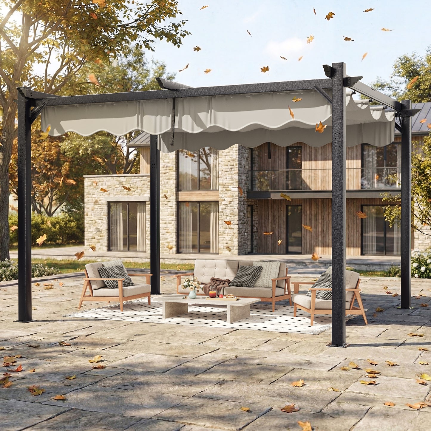 NETAJE 10'x12' Retractable Canopy Pergola, Heavy-Duty Outdoor Metal Gazebo Shelter with Adjustable Sun Shade, Patio Grape Trellis for Backyard, Deck, Garden