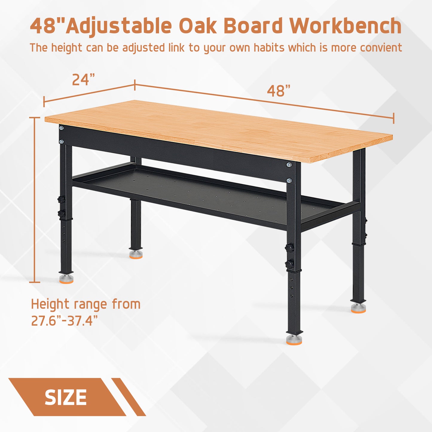 48" Heavy-Duty Workbench Adjustable Work Bench Work Table 2000 LB Load Capacity w/Hardwood Top, Foot Pads, Partition and Metal Frame for Garage, Workshop, Office, Home, Workstation