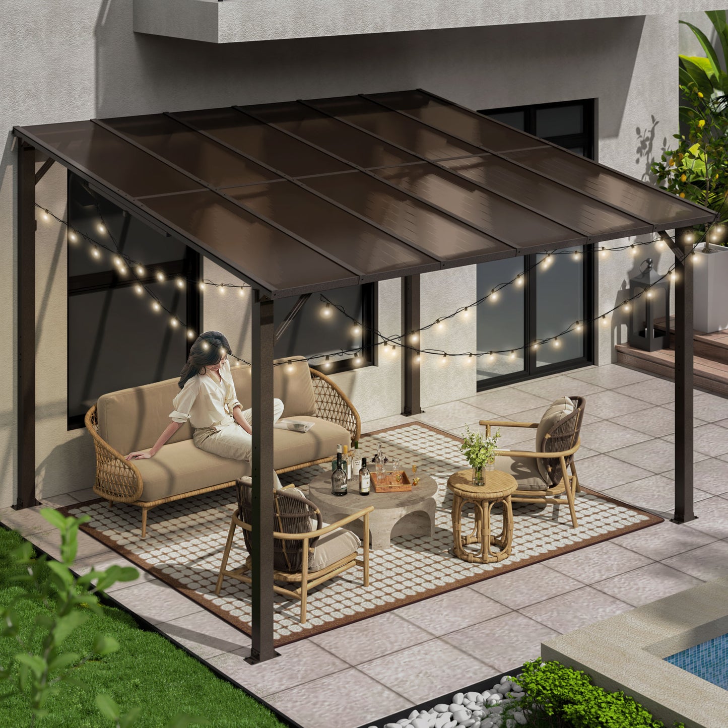 10' x 12' Gazebo, Outdoor Wall Mounted Gazebo & Pergola with Aluminum Frame for Patio, Decks, Porch and Backyard