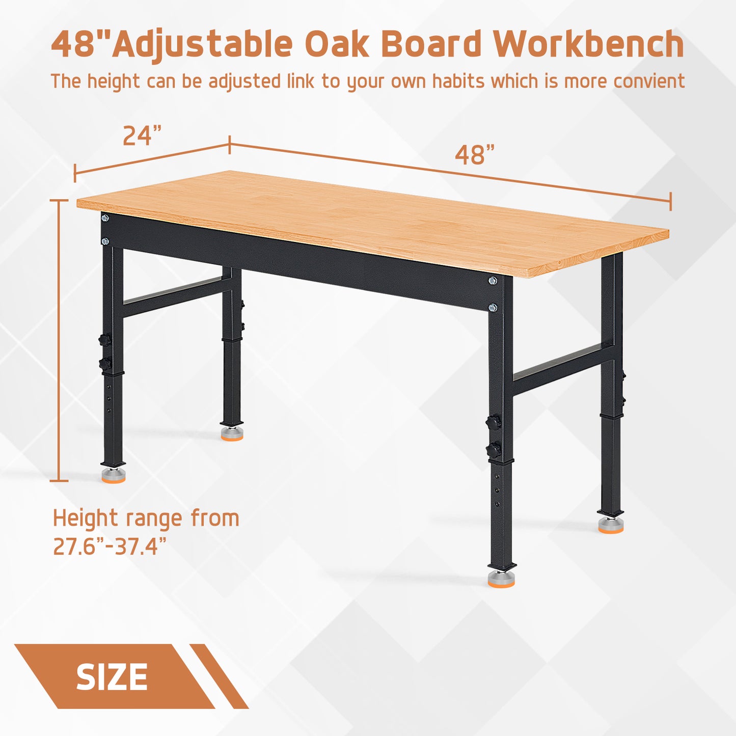 48" Heavy-Duty Work Bench Adjustable Workbench portable Work Table 2000 LB Load Capacity w/Hardwood Top, Foot Pads and Metal Frame for Garage, Workshop, Office, Home, Workstatio