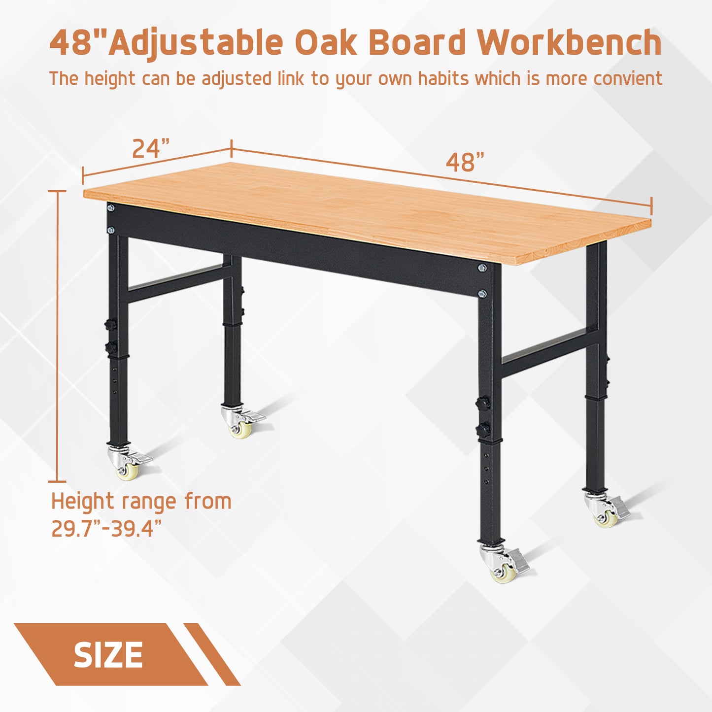 48" Heavy-Duty Work Bench Adjustable Workbench portable Work Table 2000 LB Load Capacity w/Hardwood Top, Wheels and Metal Frame for Garage, Workshop, Office, Home, Workstation