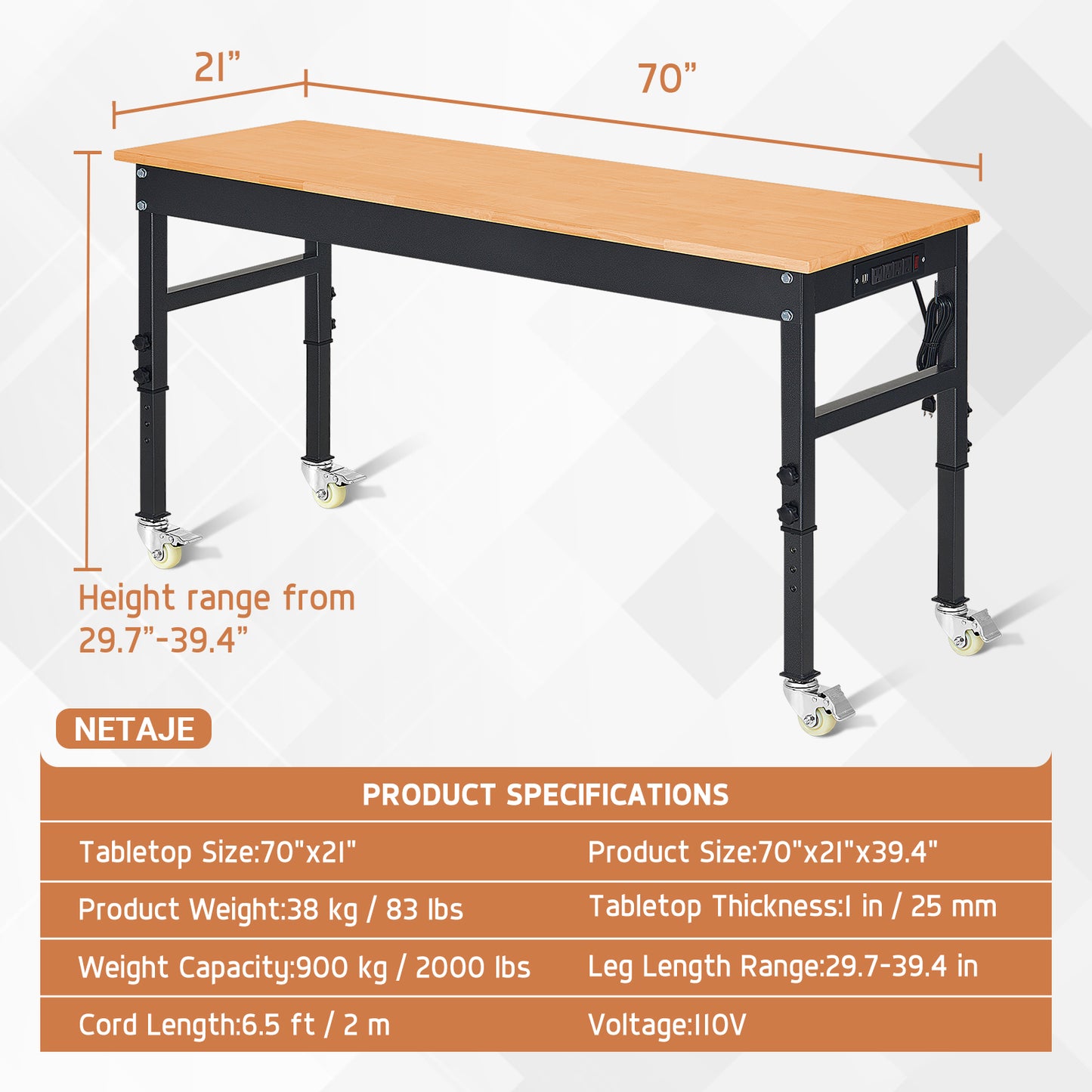 70" Heavy-Duty Workbench Adjustable Work Bench Rubber Wood Work Table 2000 LB Load Capacity w/Hardwood Top, Power Outlets, Wheels,Metal Frame for Garage, Workshop, Office, Home, Workstation