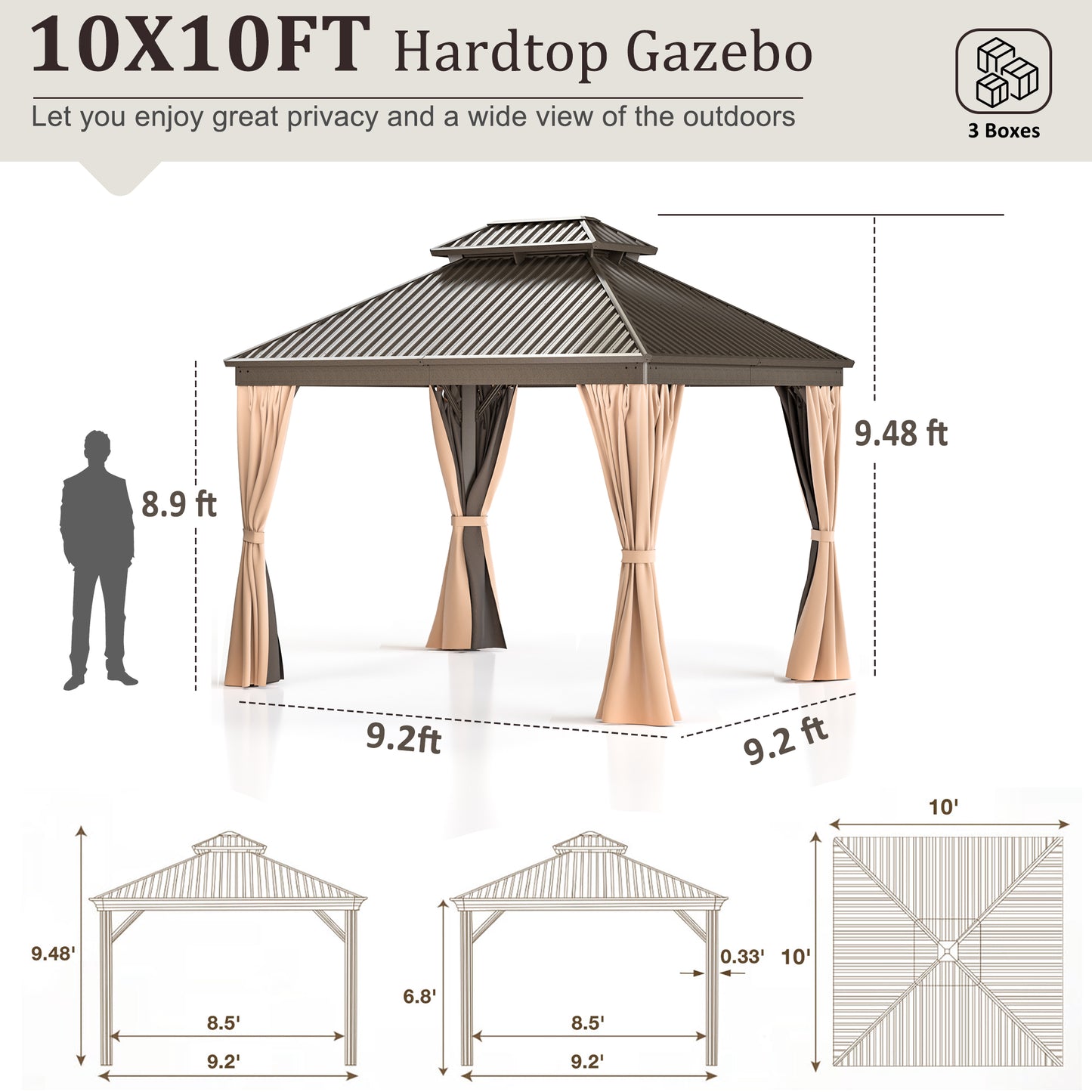 10x10 FT Hardtop Gazebo, Heavy Duty Gazebo with Aluminum Frame and Galvanized Steel Double Roof for Garden, Patio, Lawns, Brown