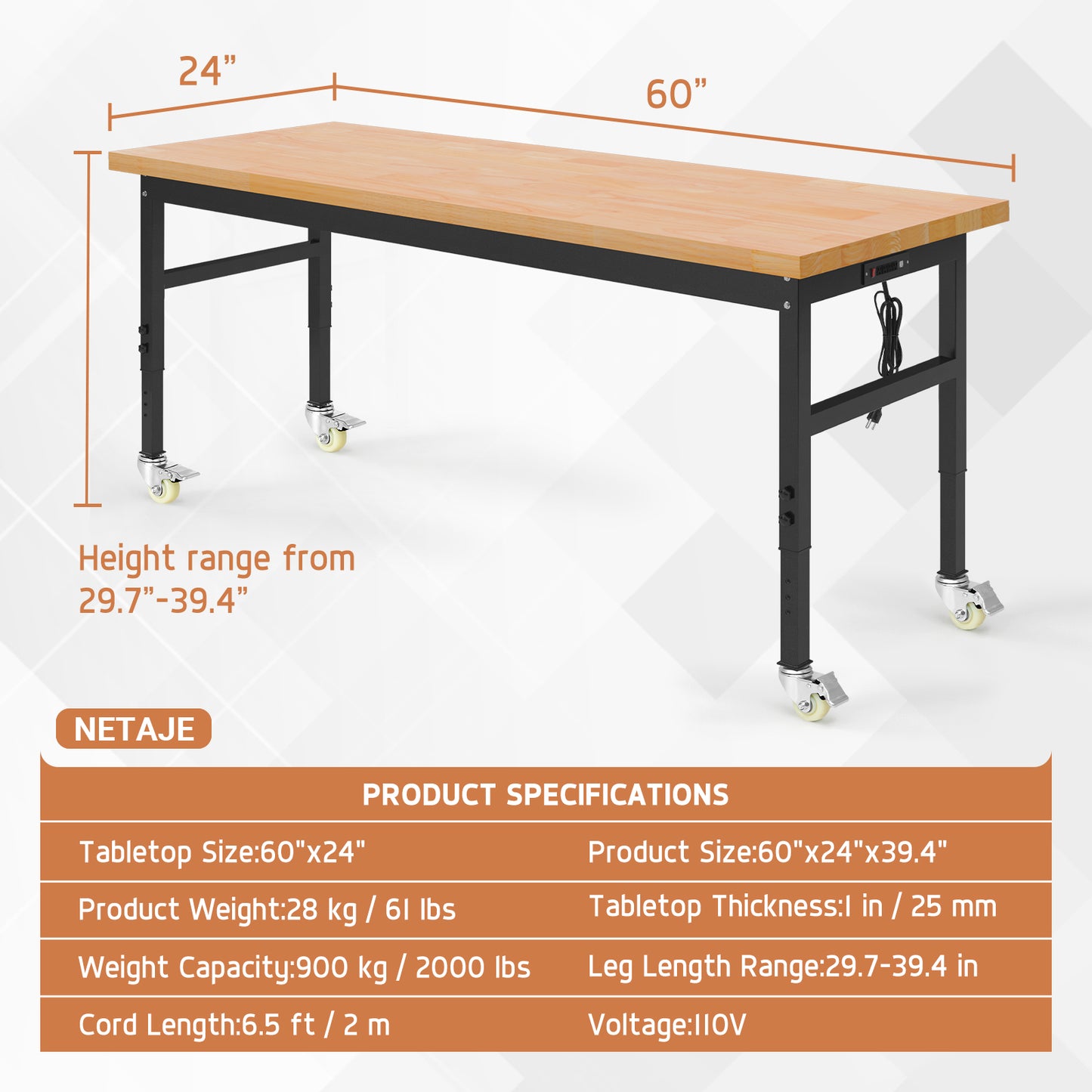 60" Heavy-Duty Work Bench Adjustable Workbench Work Table 2000 LB Load Capacity w/Hardwood Top, Power Outlets, Wheels and Metal Frame for Garage, Workshop, Office, Home, Workstation