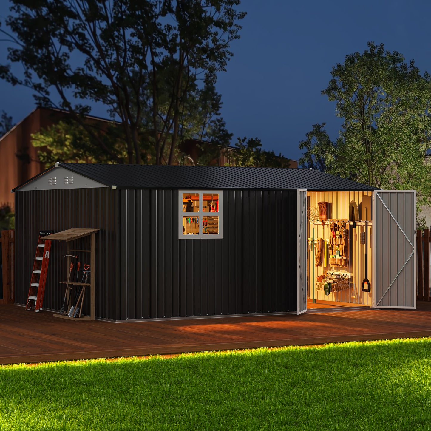 NETAJE 12'x14' Outdoor Metal Storage Garden Shed with Window, Lockable Doors and Air Vent for Backyard, Garden, Lawn, Dark Gray
