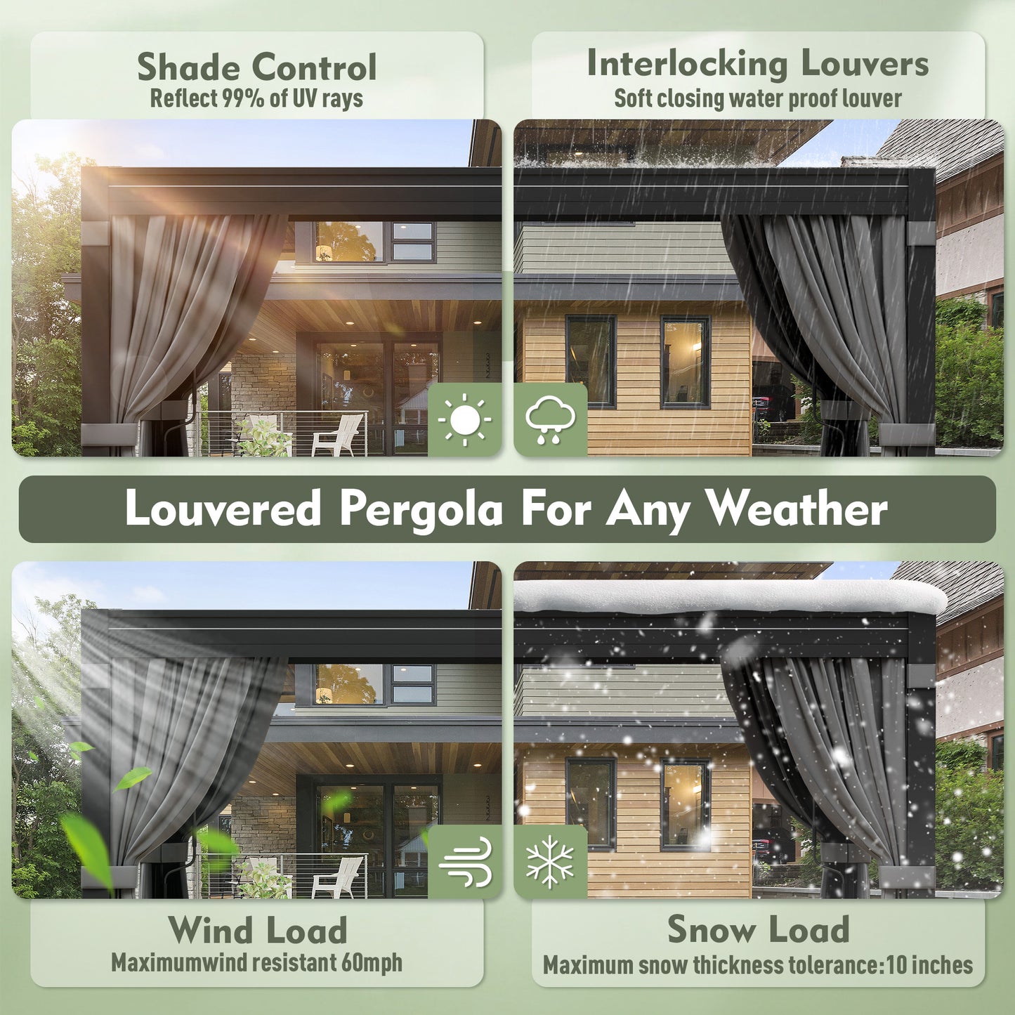 NETAJE 10'x12' Hardtop Louvered Pergola with Curtains and Netting, Outdoor Metal Pavilion with Adjustable Louvered Roof & Drainage System for Patio, Garden, Deck, Backyard