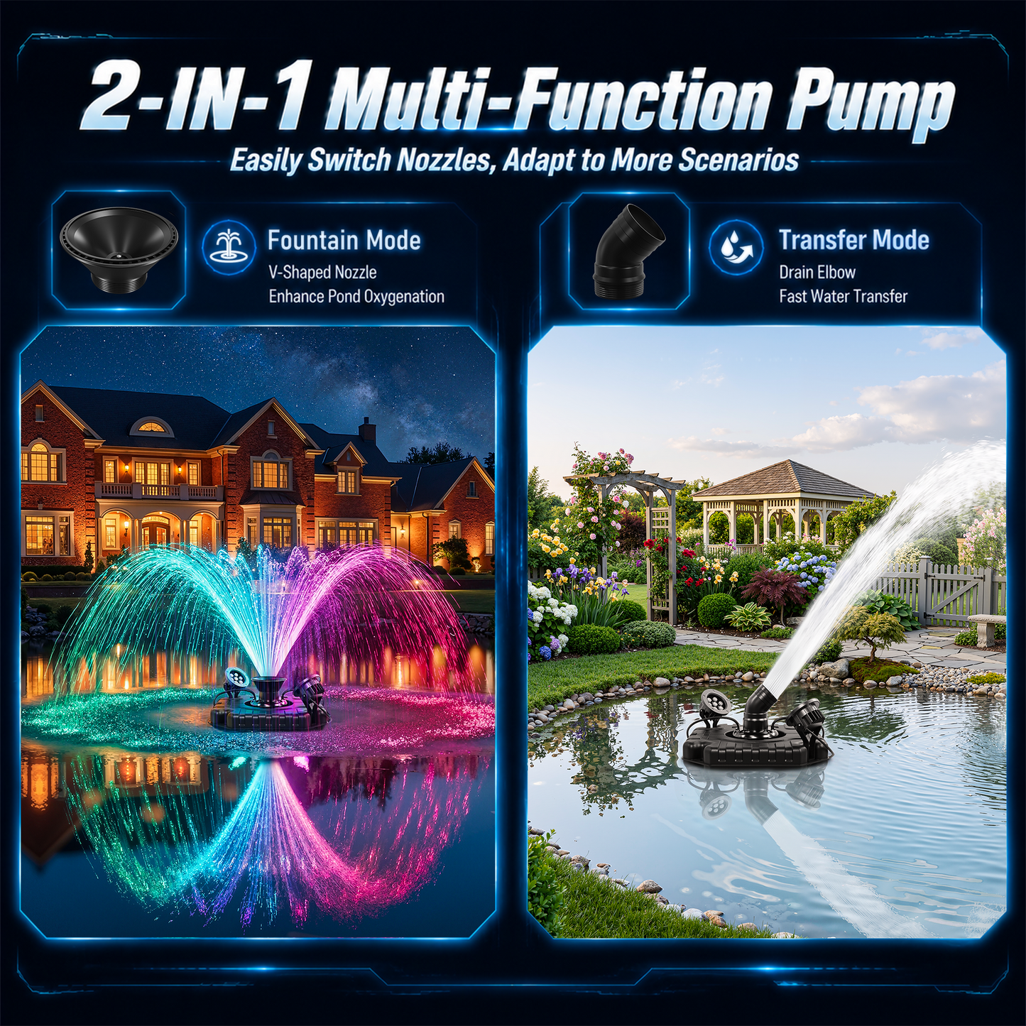 Pond Fountain Aerator with Color Changing LED Lights & Remote, Outdoor Water Fountain Pump for Ponds & Lakes,1HP 110V 750W 15000 GPH，Black