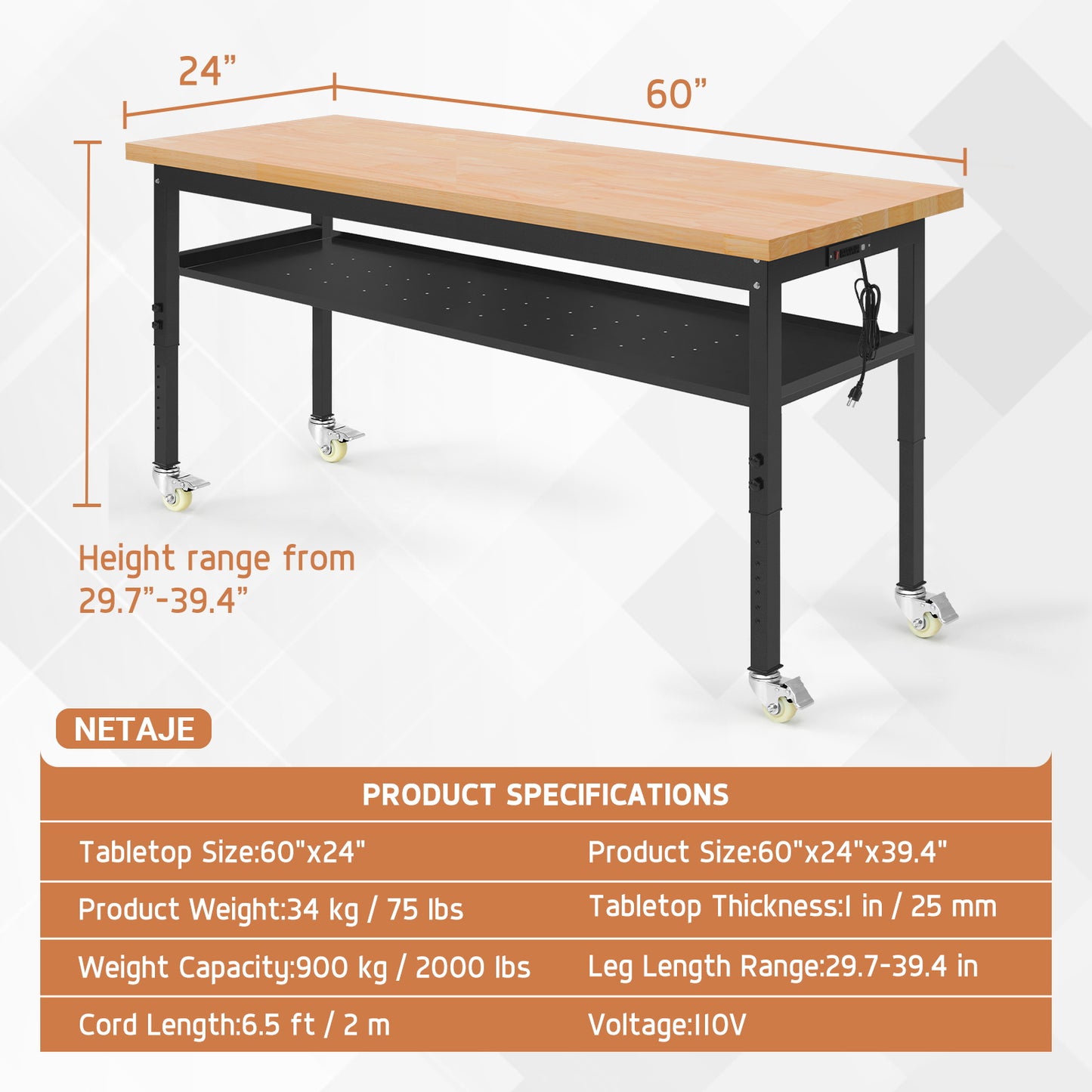 60" Heavy-Duty Workbench Adjustable Work Bench Work Table 2000 LB Load Capacity w/Hardwood Top, Wheels, Partition and Power Outlets for Garage, Workshop, Office, Home, Workstation