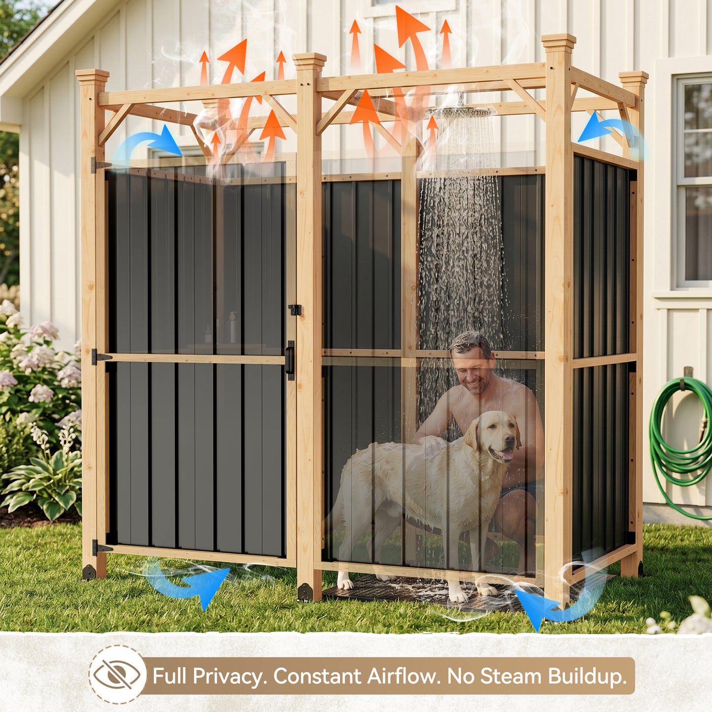 NETAJE 2-in-1 Outdoor Shower Enclosure with Changing Room, Solid Wood & Galvanized Steel Privacy Shower Stall for Poolside, Beach, Backyard