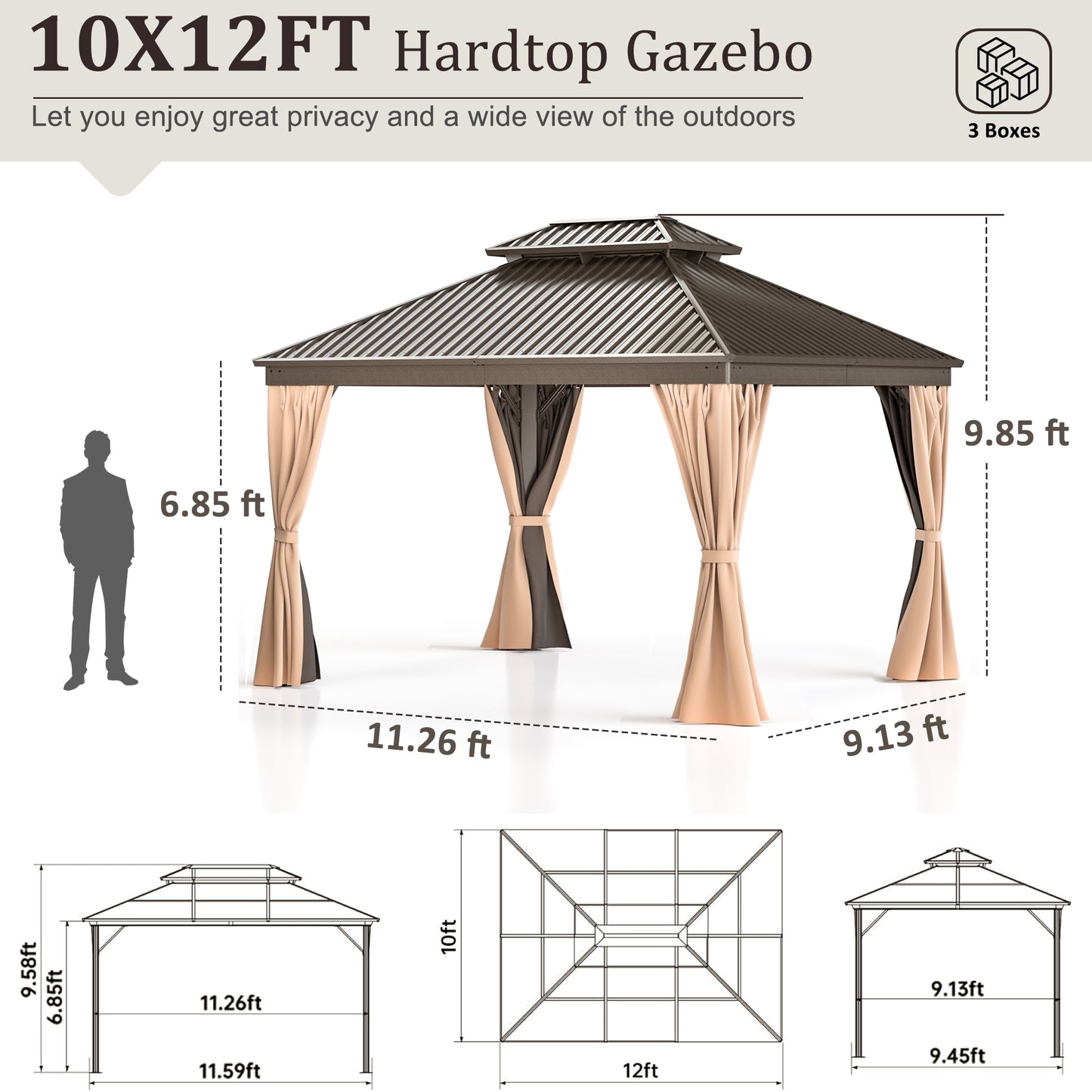 10x12 FT Hardtop Gazebo, Heavy Duty Gazebo with Aluminum Frame and Galvanized Steel Double Roof for Garden, Patio, Lawns, Brown