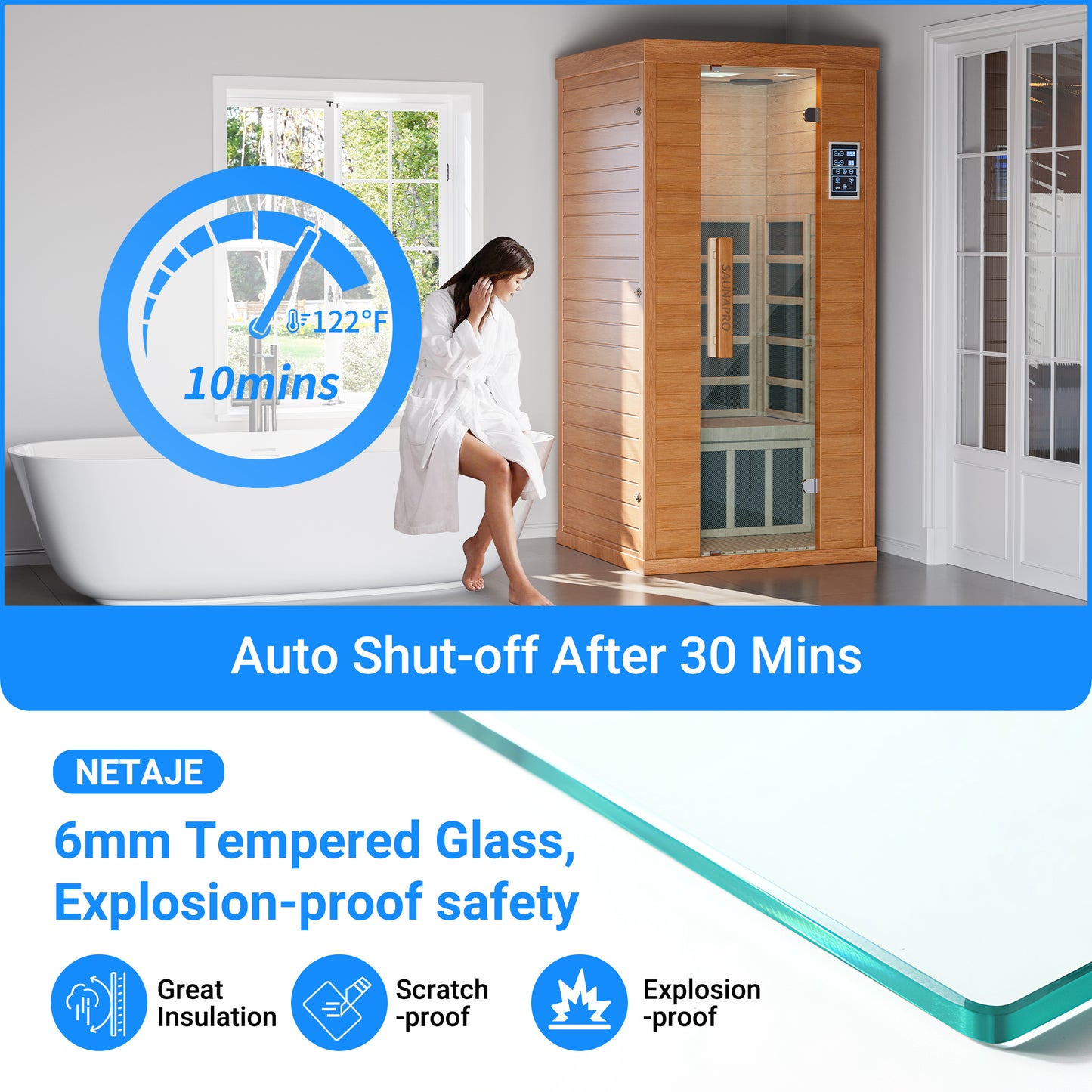 NETAJE 1 Person Sauna, Spectrum Infrared Sauna for Home with BT and WiFi Control, Indoor Dry Sauna with 5 Heater Panels, Home and Gym