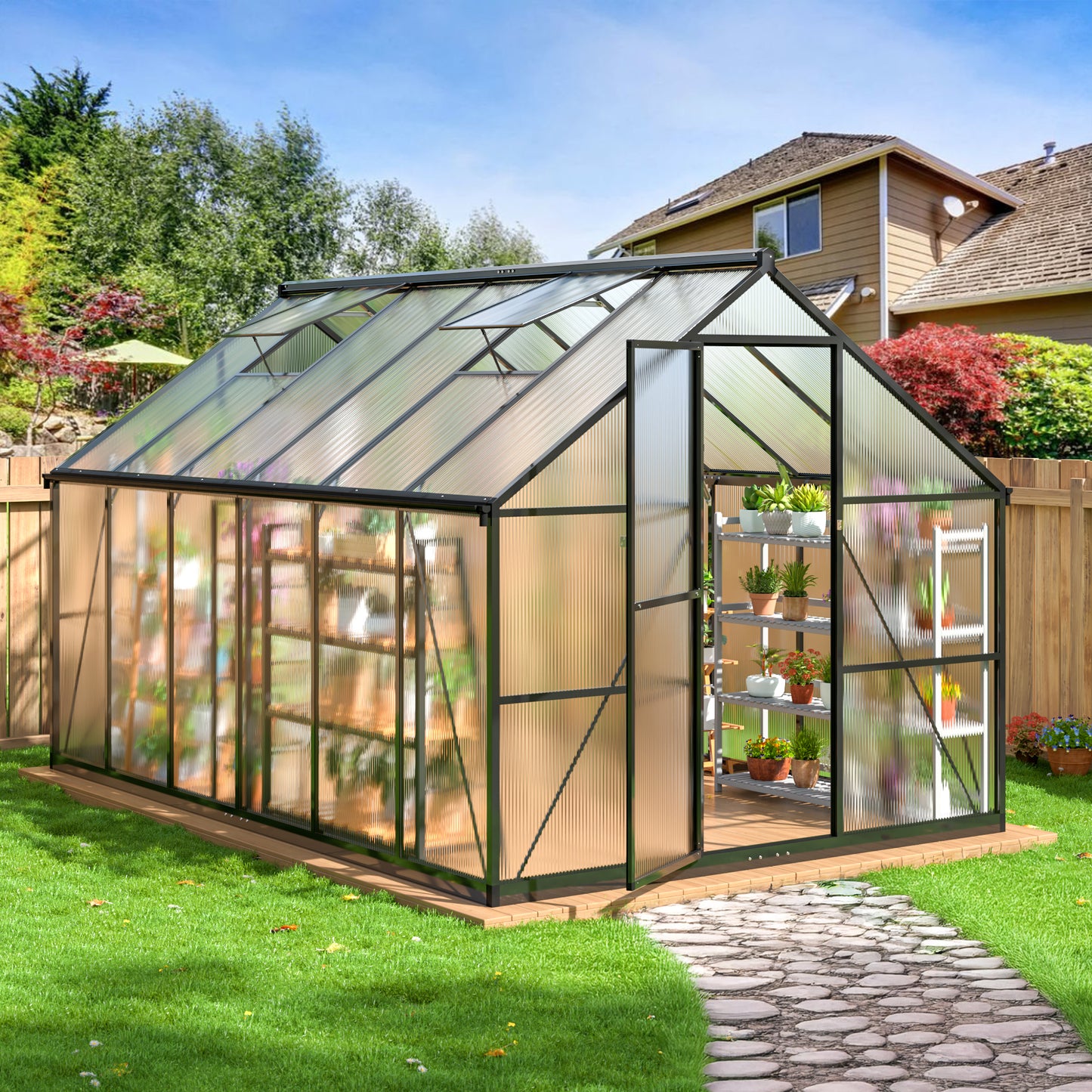 MUCHANT 8x12 FT Greenhouse for Outdoors, Walk-in Large Aluminum Frame Greenhouse with Quick Setup Structure and Roof Vent for Garden Backyard, Black