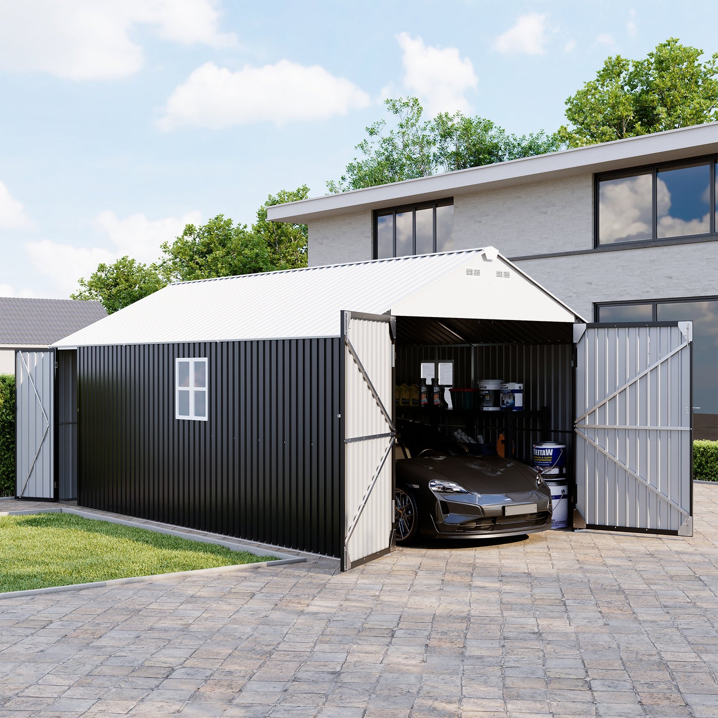 12'x20' Outdoor Metal Storage Shed, Extra Large Metal Garage Shed with Featuring Sturdy Metal Frame, Window, Lockable Doors and Air Vent for Car, Boat, Truck, Black
