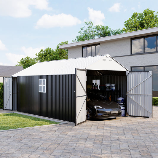 12'x20' Outdoor Metal Storage Shed, Extra Large Metal Garage Shed with Featuring Sturdy Metal Frame, Window, Lockable Doors and Air Vent for Car, Boat, Truck, Black