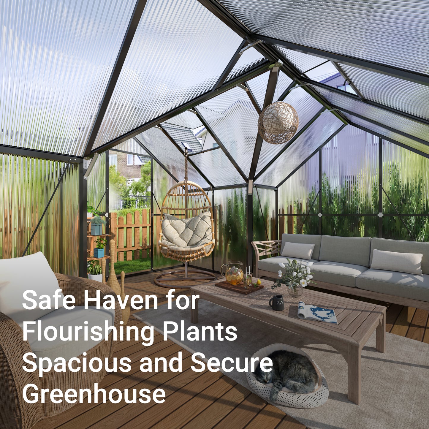 12'x12' T-Shape Outdoor Greenhouse, Double Roof Vents and Doors, Walk-in Polycarbonate Green House with Aluminum Frame for Backyard