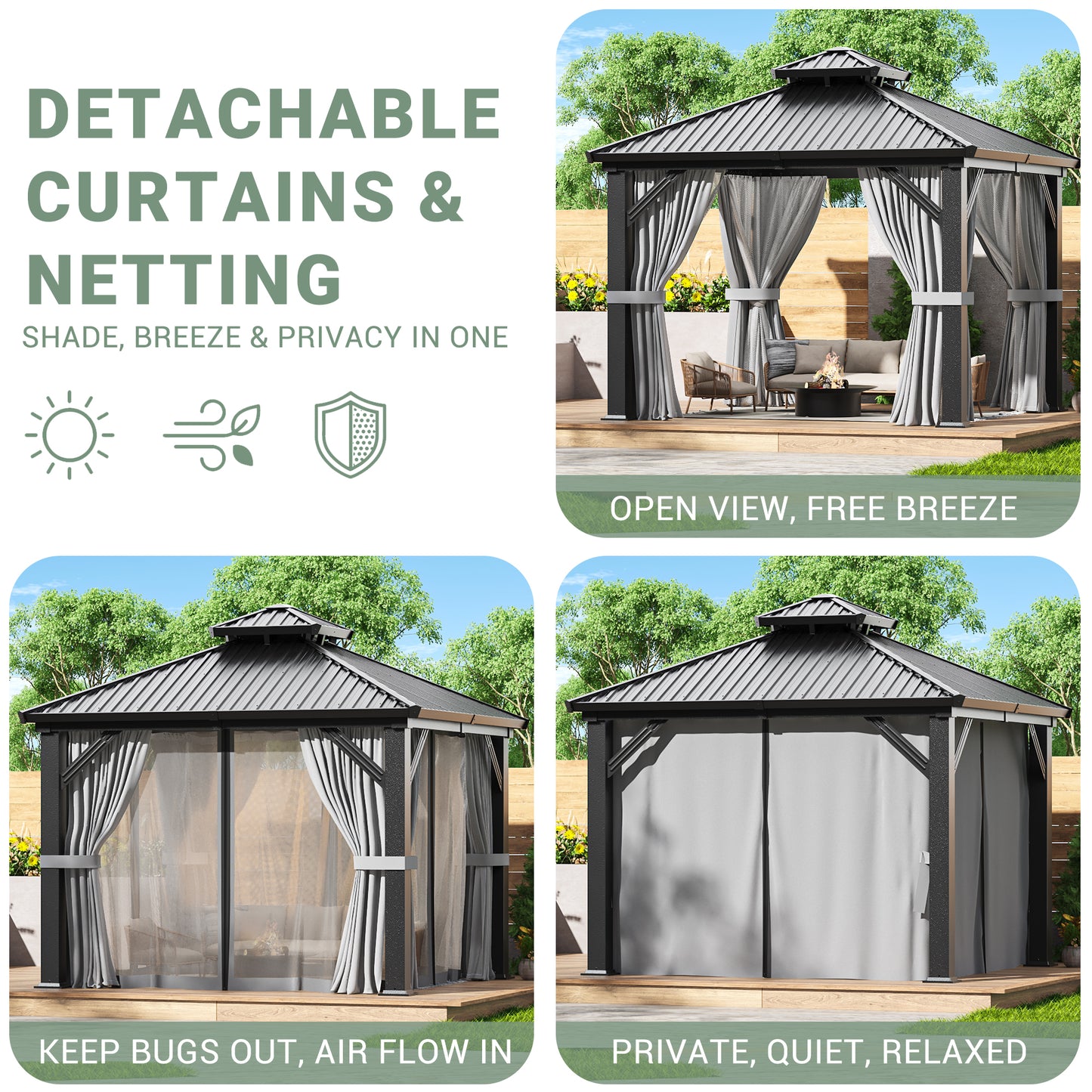 NETAJE 10x10 FT Hardtop Gazebo, Heavy Duty Gazebo with Aluminum Frame, Galvanized Steel Double Roof & Mosquito Net for Garden, Patio, Grey