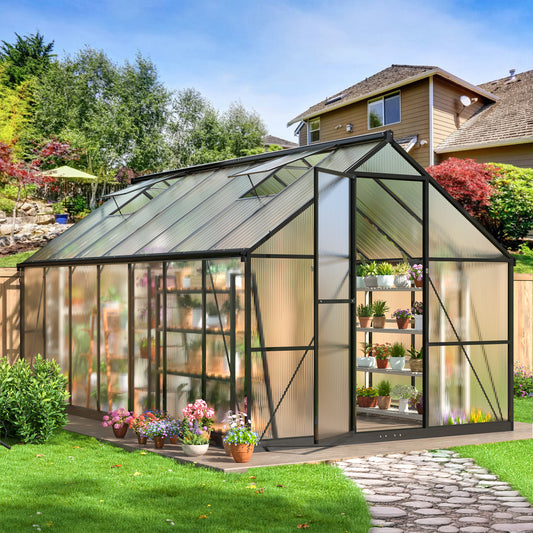 MUCHANT 8x14 FT Greenhouse for Outdoors, Walk-in Large Aluminum Frame Greenhouse with Quick Setup Structure and Roof Vent for Garden Backyard, Black