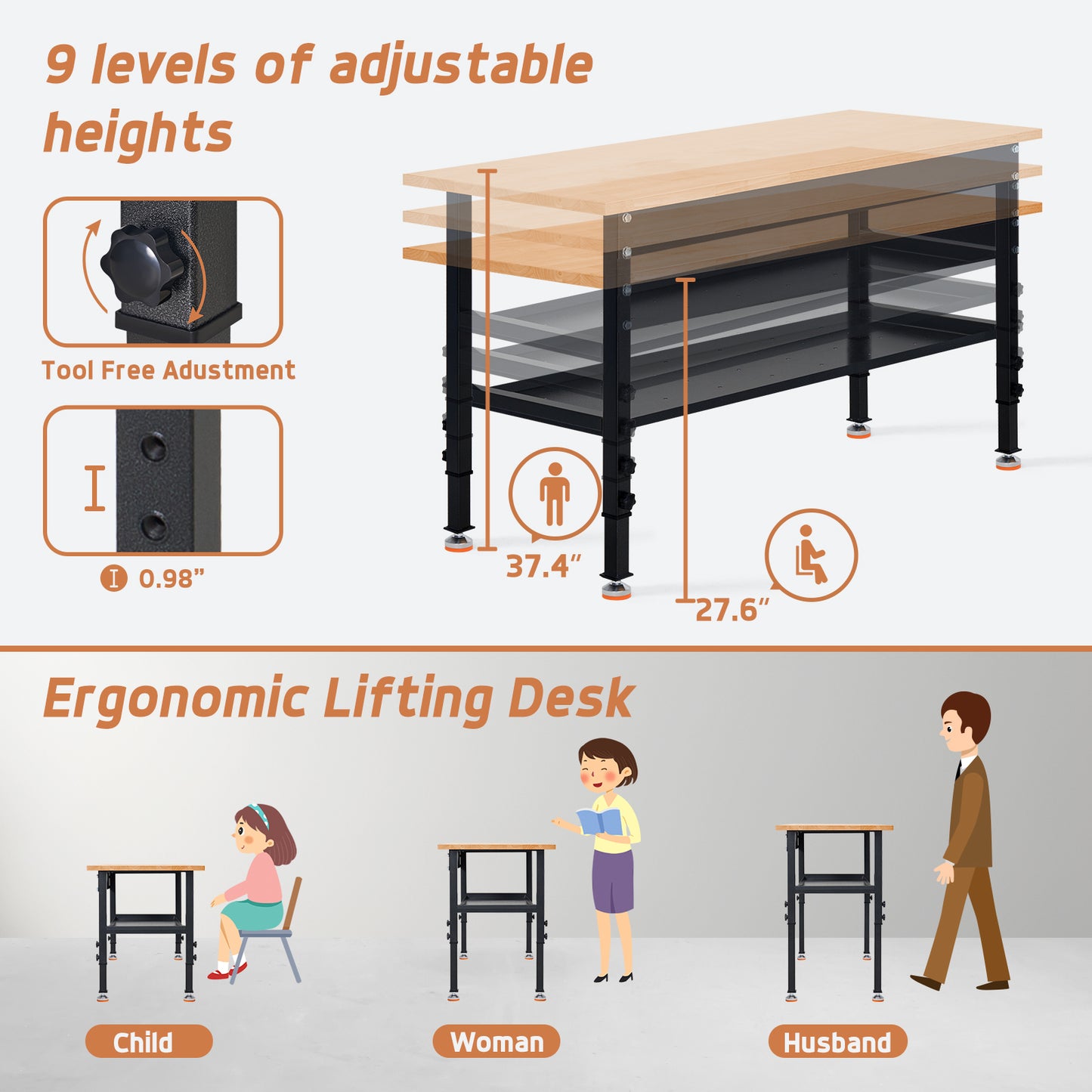 48" Heavy-Duty Workbench Adjustable Work Bench Work Table 2000 LB Load Capacity w/Hardwood Top, Foot Pads, Partition and Metal Frame for Garage, Workshop, Office, Home, Workstation