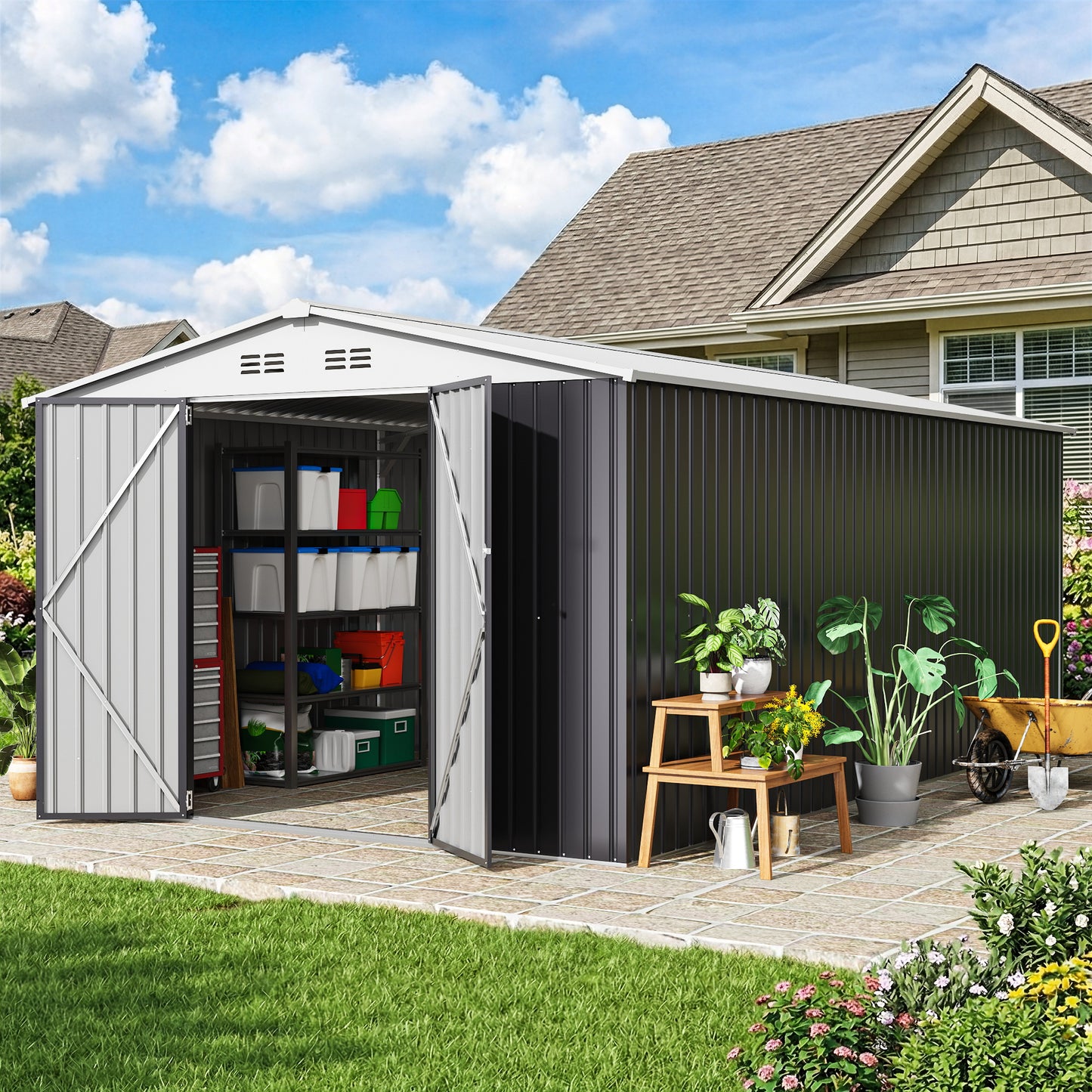 NETAJE 10'x16' Outdoor Storage Shed with Lockable Doors and Updated Frame, Metal Steel Storage Sheds for Outside, Backyard, Garden, Lawn