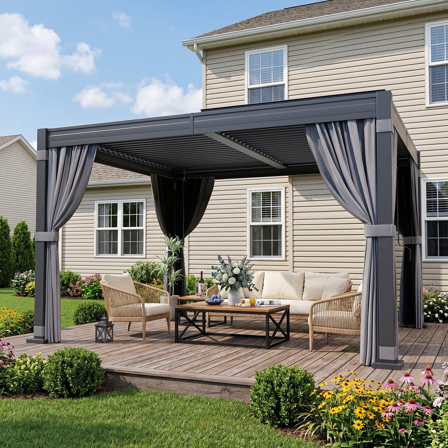 NETAJE 10'x12' Hardtop Louvered Pergola with Curtains and Netting, Outdoor Metal Pavilion with Adjustable Louvered Roof & Drainage System for Patio, Garden, Deck, Backyard