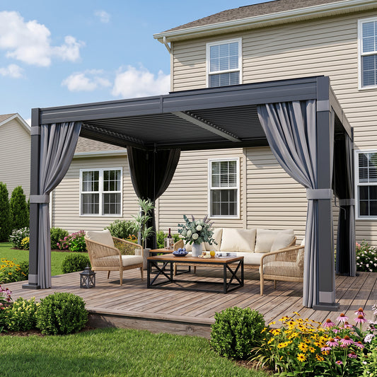NETAJE 10'x12' Hardtop Louvered Pergola with Curtains and Netting, Outdoor Metal Pavilion with Adjustable Louvered Roof & Drainage System for Patio, Garden, Deck, Backyard