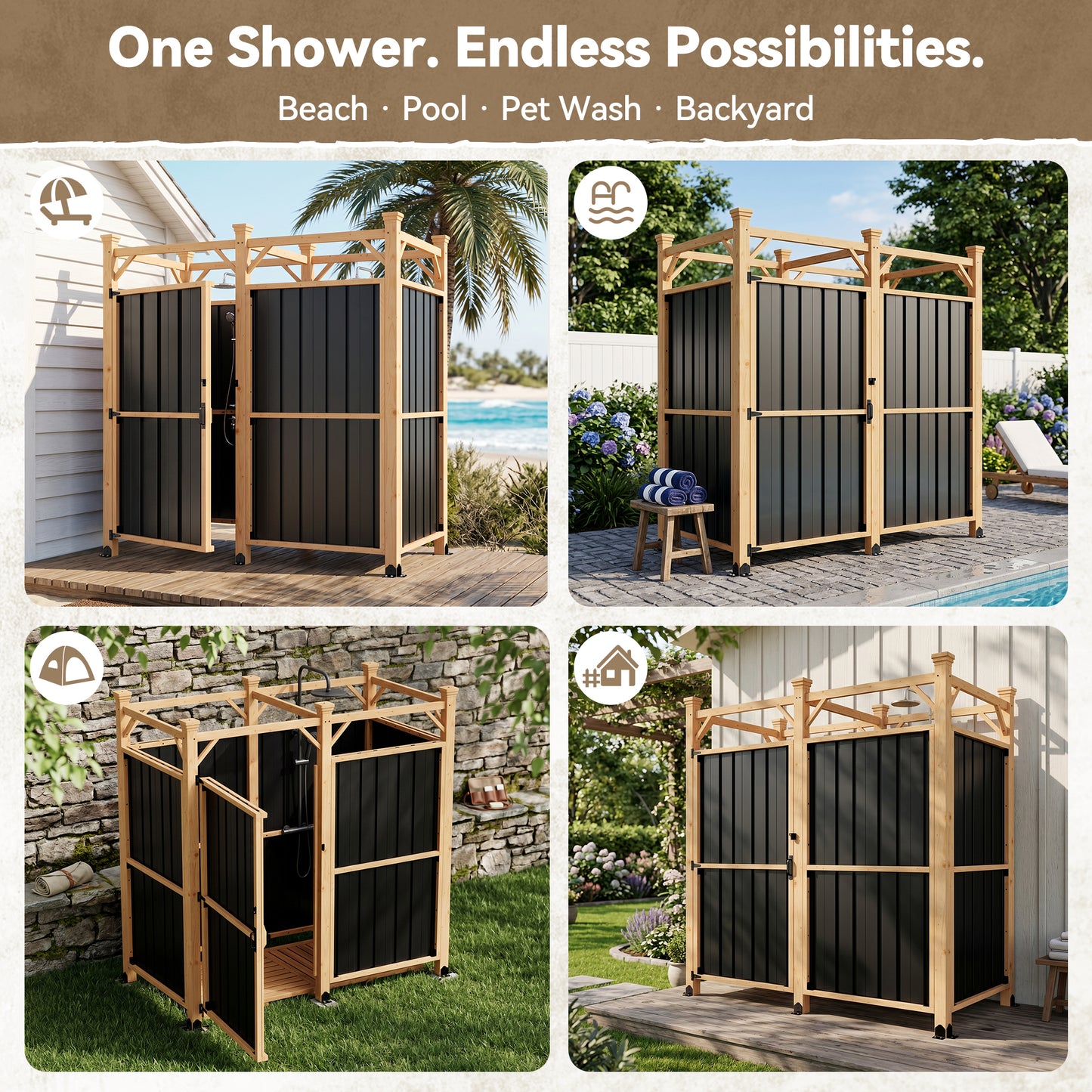 NETAJE 2-in-1 Outdoor Shower Enclosure with Changing Room, Solid Wood & Galvanized Steel Privacy Shower Stall for Poolside, Beach, Backyard