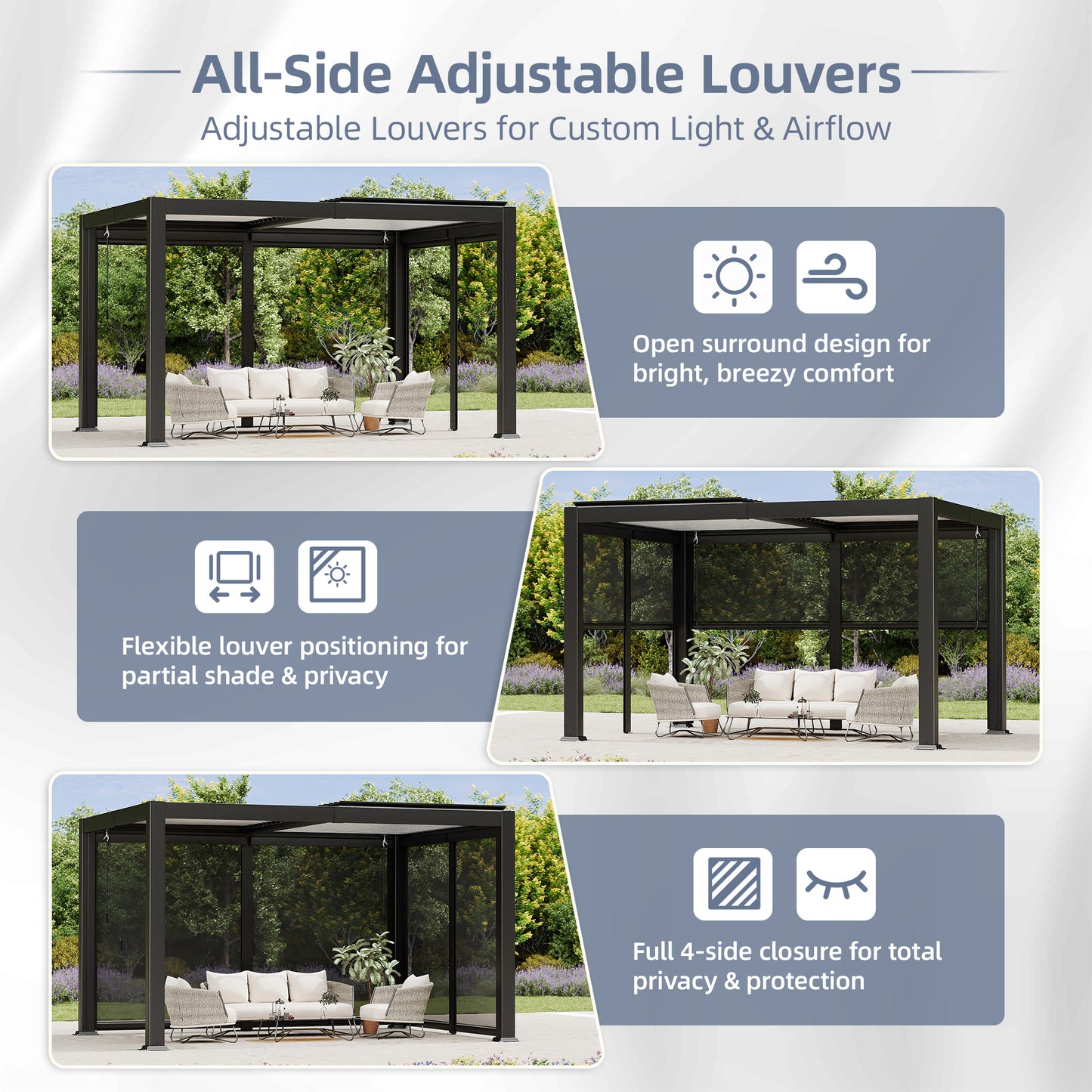 NETAJE 10'x12' Hardtop Louvered Pergola, Aluminum Outdoor Pavilion with Adjustable Louvered Roof & Drainage System, Permanent Gazebo with 2 Retractable Shade Canopy for Patio, Garden, Decks, Backyard