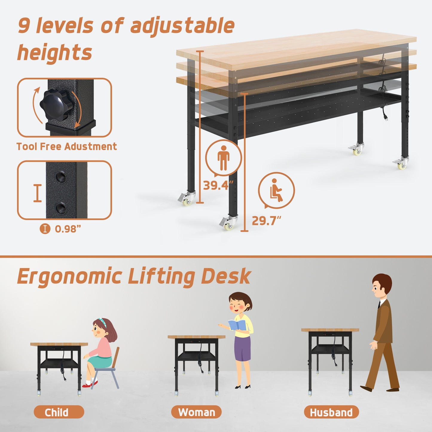 60" Heavy-Duty Workbench Adjustable Work Bench Work Table 2000 LB Load Capacity w/Hardwood Top, Wheels, Partition and Power Outlets for Garage, Workshop, Office, Home, Workstation