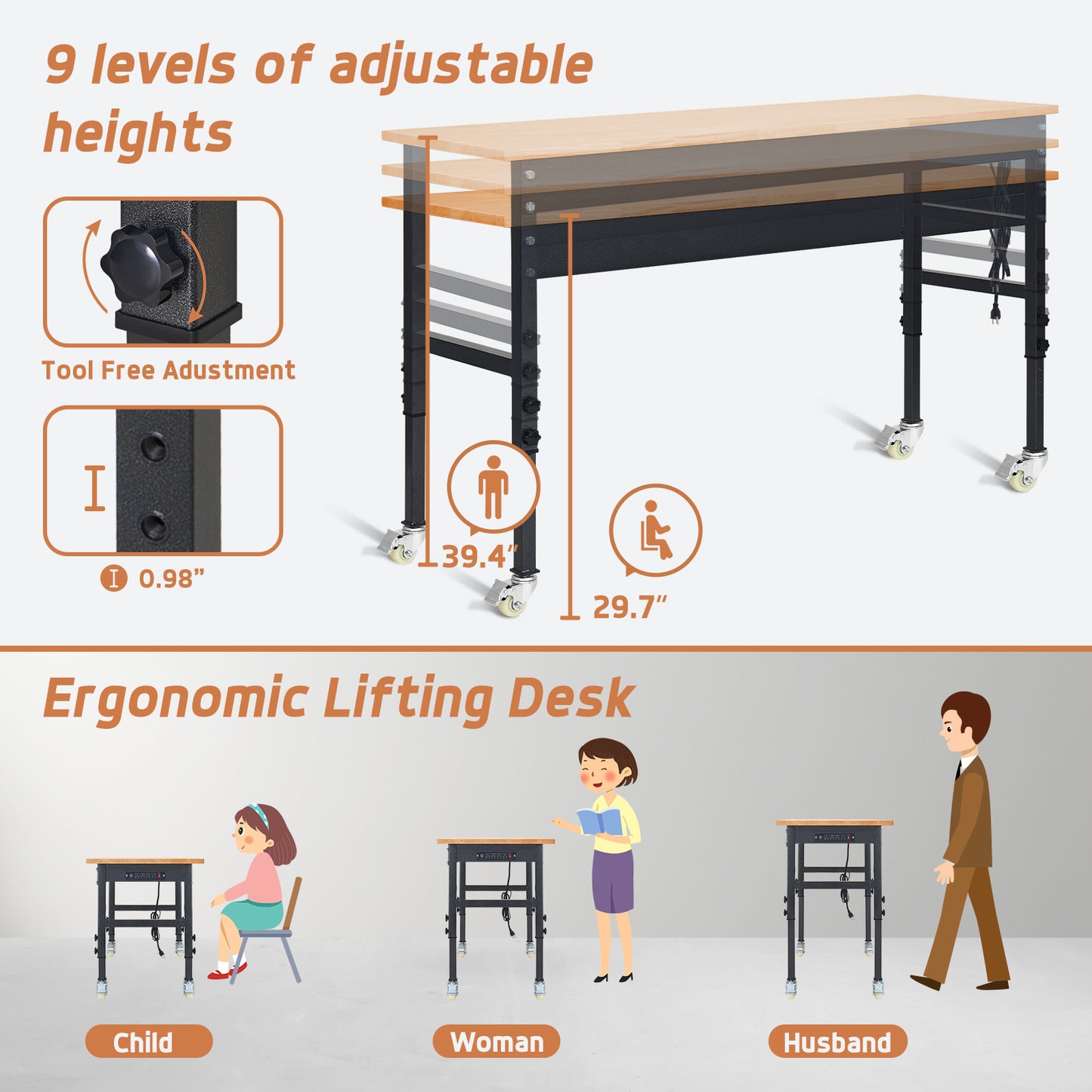 70" Heavy-Duty Workbench Adjustable Work Bench Rubber Wood Work Table 2000 LB Load Capacity w/Hardwood Top, Power Outlets, Wheels,Metal Frame for Garage, Workshop, Office, Home, Workstation