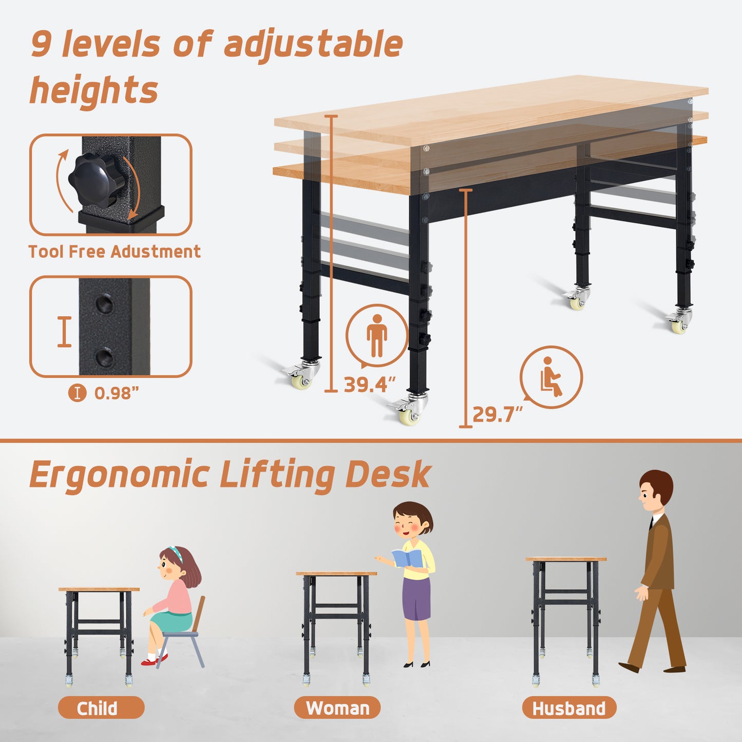 48" Heavy-Duty Work Bench Adjustable Workbench portable Work Table 2000 LB Load Capacity w/Hardwood Top, Wheels and Metal Frame for Garage, Workshop, Office, Home, Workstation