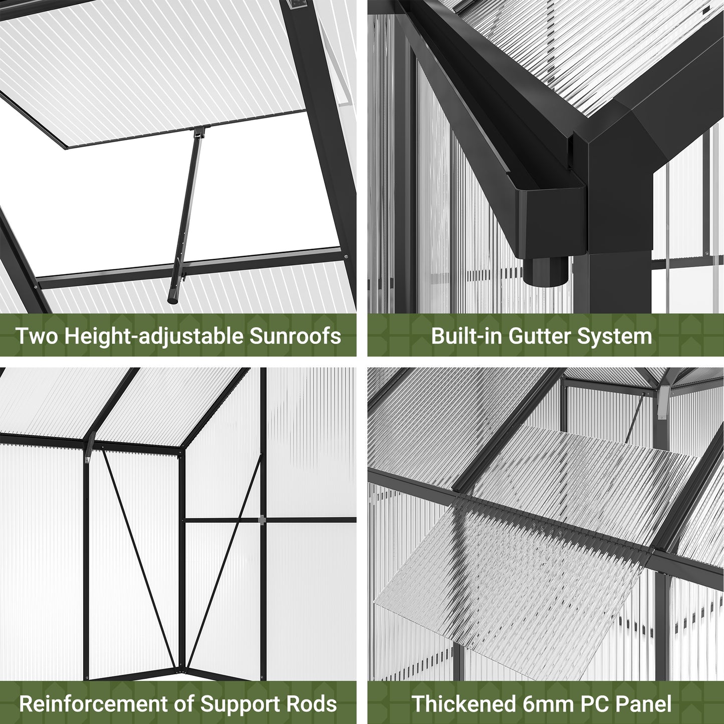 12'x12' T-Shape Outdoor Greenhouse, Double Roof Vents and Doors, Walk-in Polycarbonate Green House with Aluminum Frame for Backyard