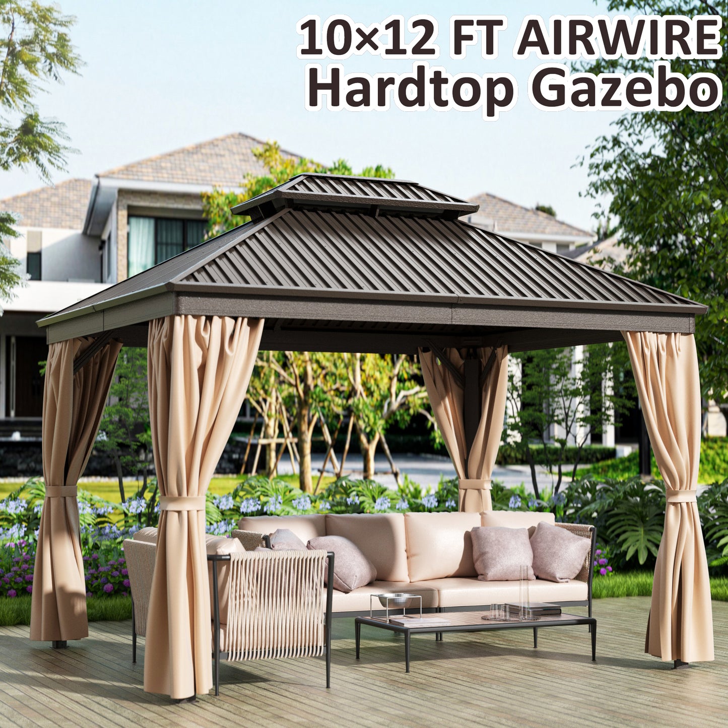 10x12 FT Hardtop Gazebo, Heavy Duty Gazebo with Aluminum Frame and Galvanized Steel Double Roof for Garden, Patio, Lawns, Brown