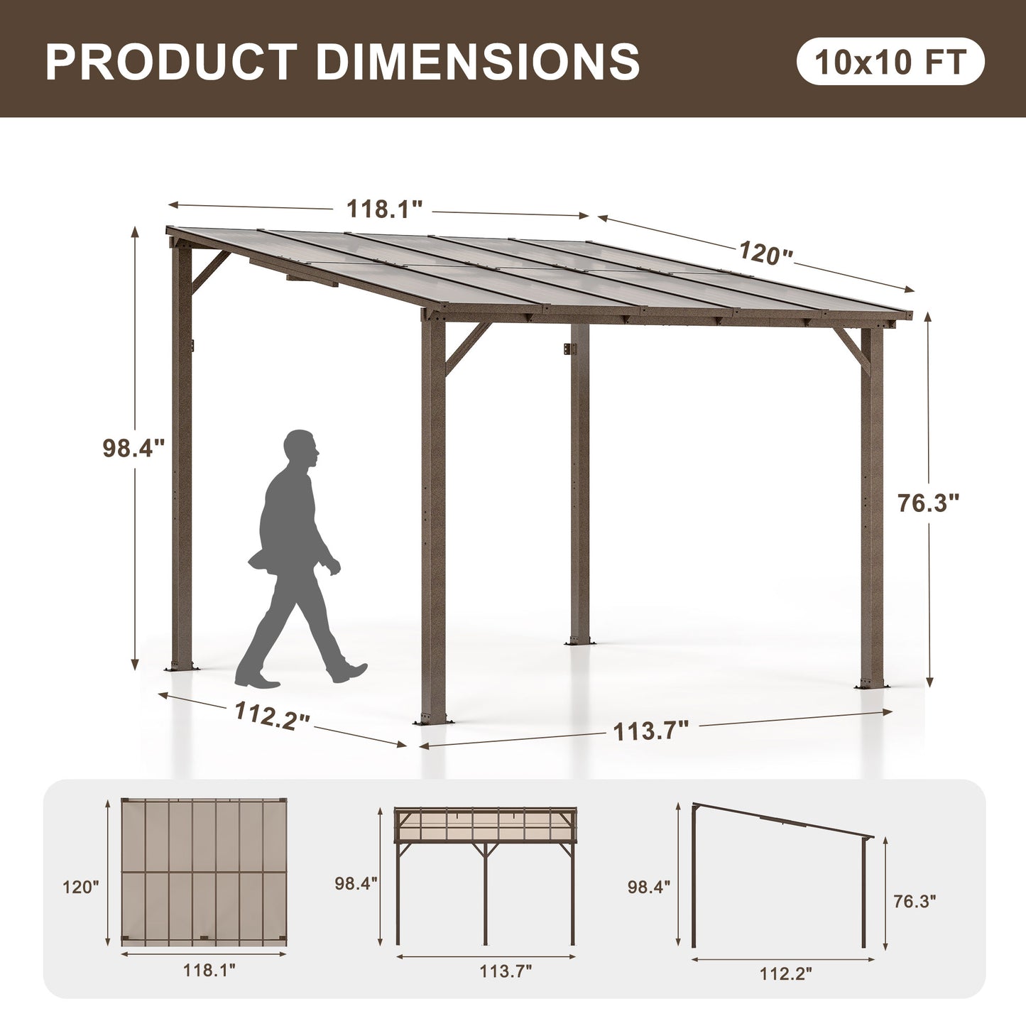 10' x 10' Gazebo, Outdoor Wall Mounted Gazebo & Pergola with Aluminum Frame for Patio, Decks, Porch and Backyard