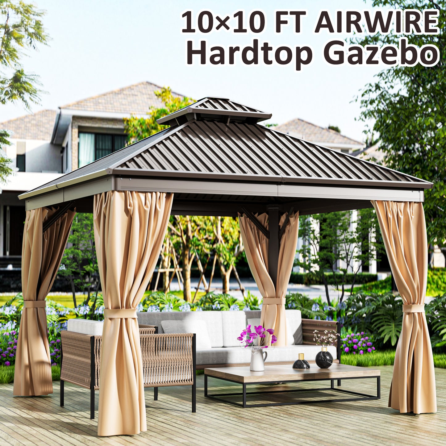 10x10 FT Hardtop Gazebo, Heavy Duty Gazebo with Aluminum Frame and Galvanized Steel Double Roof for Garden, Patio, Lawns, Brown